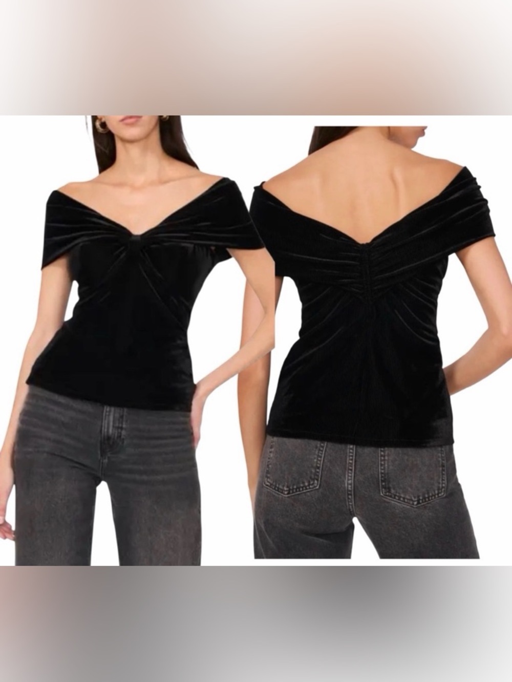 Black Parker The Kari Rib Velvet Bow Off The Shoulder Top Size XXS